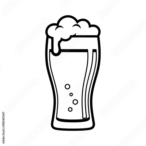 Black outline beer glass with foam and bubbles, clean line art vector isolated on white background.