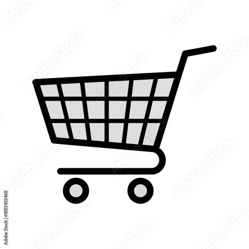 Black outline shopping cart icon with grid basket and wheels, clean minimal vector isolated on white background.