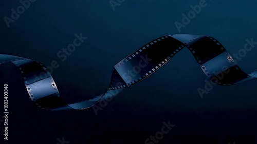 Flowing Cinematic Film Strip Curving Through Dark Space with Glossy Reflections Creating a Minimal Motion Picture Production Visual
