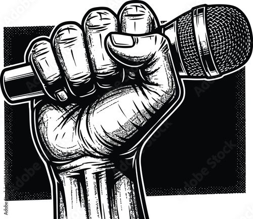 Vector  illustration of Fist holding a microphone in woodcut style isolated on transparent background