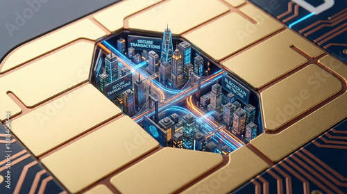 Wallpaper Mural Secure transaction blockchain city microchip concept with glowing data lanes and futuristic skyline, dynamic neon lighting and tech atmosphere Torontodigital.ca
