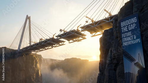 Wallpaper Mural Suspension bridge under construction at sunrise with workers and cranes creating dramatic light and hopeful atmosphere Torontodigital.ca