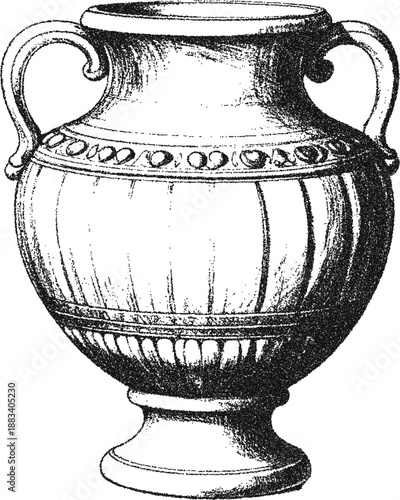 Stipple Vintage Engraving of Classical Greek Amphora Vase, Ancient Ceramic Urn 