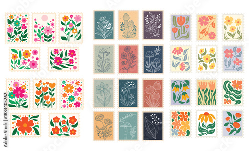 Big bundle of vintage botanical postage stamps with flowers and mushrooms