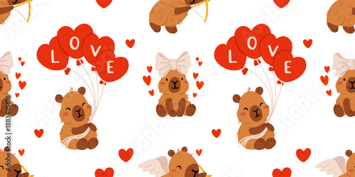 Cute Valentine Capybara Clipart Seamless pattern. Loving Capybaras with Hearts, Gifts, and Romantic Elements, Adorable Flat Cartoon Vector Illustration, romantic kawaii animals