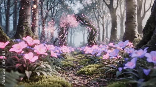 Magical Forest Pathway Video with Glowing Flowers.