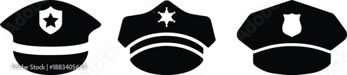 Police Hat Icon Set – Law Enforcement Officer Cap Silhouette Vector