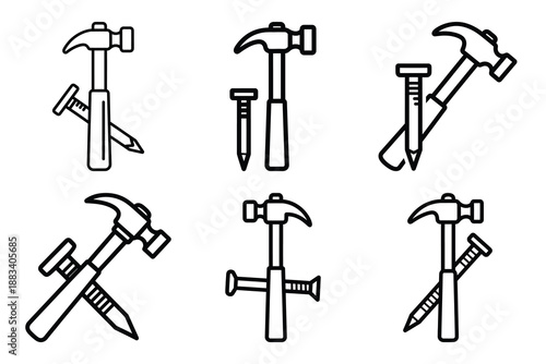 nail and hammer outline vector icon set. construction simple outline isolated icons collection.Vector flat graphic design illustration.