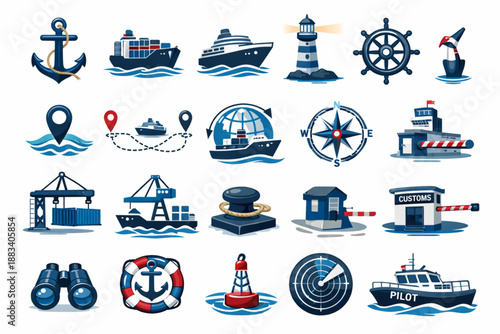 Maritime and shipping navigation icon set with ships, anchors and sea route symbols for logistics, ports and nautical design projects