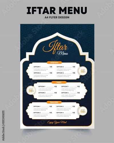 Ramadan special offer iftar menu template for Iftar with traditional food and drinks 