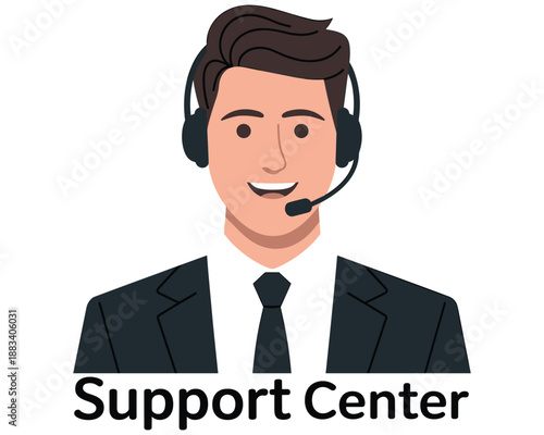 Friendly man with headset wearing suit for customer service support