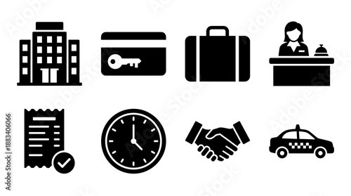 Hotel service icons including building key card luggage receptionist bill clock handshake taxi