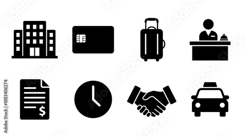 Hotel and travel service icons including building credit card luggage reception desk invoice clock handshake taxi