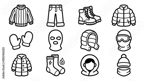 Winter clothing and cold weather gear line icons set for outdoor activities