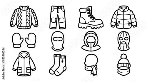 Winter clothing and cold weather apparel line icons including jacket sweater boots scarf mittens