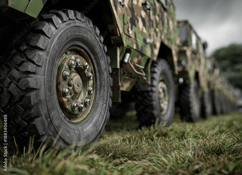 Fototapeta premium Row of army vehicles on grass with camouflage paint featuring detailed wheels and tires, captured in high-quality close-up with cinematic lighting effects