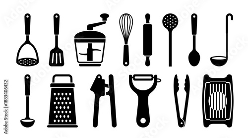 Kitchen utensil set with cooking tools including whisk grater spatula ladle and peeler