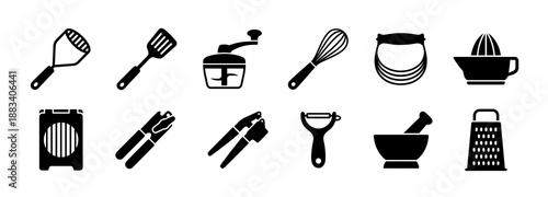 Kitchen utensil icon set featuring whisk spatula grater peeler and cooking tools