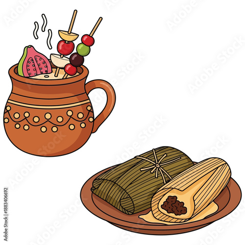 Traditional drink and wrapped dish mexican culture Vector