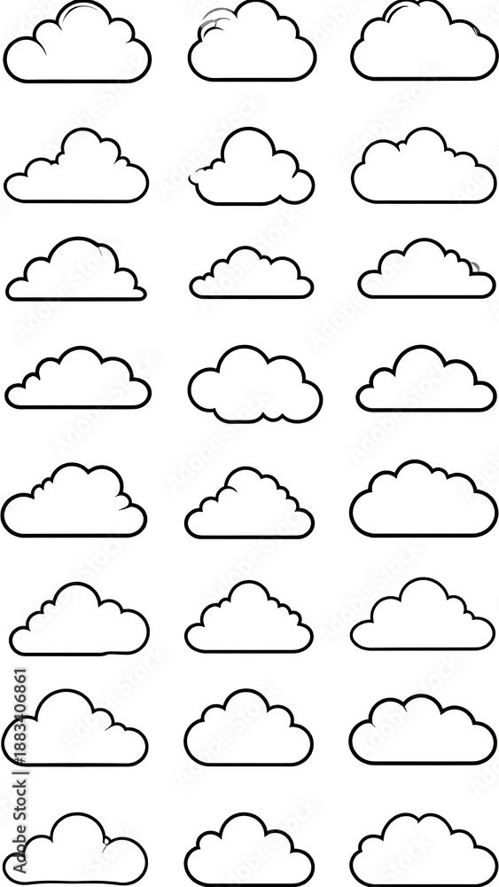 Fototapeta premium A grid of stylized, black-outlined cloud shapes, varying in size and design. Twenty-four cloud icons create a weather-themed pattern