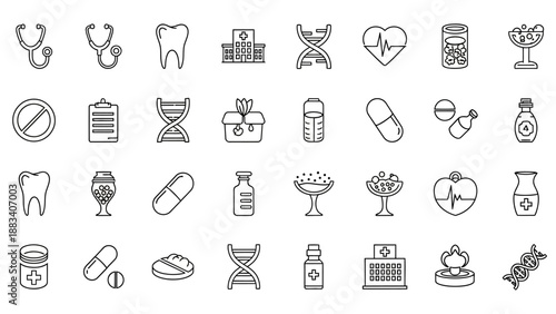 Collection of 25 black and white line drawing icons related to health wellness and medicine