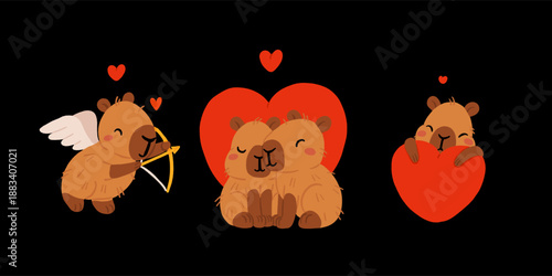 A set of flat vector illustrations in a simple children's style on the theme of valentine's day. Cute capybaras with hearts and wings on white background, captions