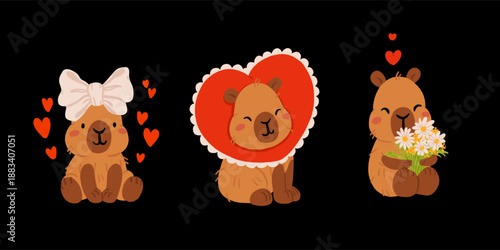 A set of flat vector illustrations in a simple children's style on the theme of valentine's day. Cute capybaras with hearts and wings on white background, captions
