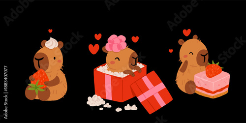 A set of flat vector illustrations in a simple children's style on the theme of valentine's day. Cute capybaras with hearts and wings on white background, captions
