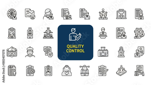 Quality control icons set with various industrial and inspection illustrations