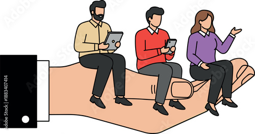 Stylized illustration of people on giant hand, business support concept, teamwork metaphor, digital communication, guidance, leadership, flat design art