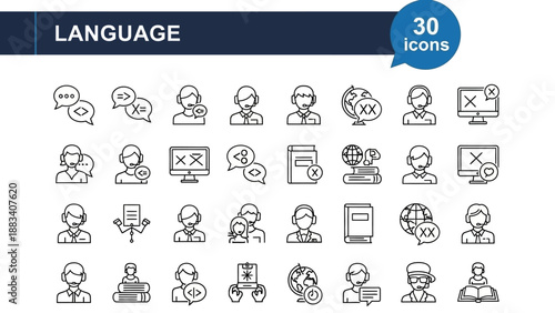 Language icons set for communication and translation services