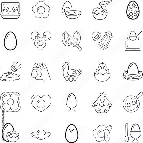 Outline vector icons collection of fresh farm eggs, cracked shells, fried sunny-side up, boiling, and cute baby chicks hatching for breakfast menus.