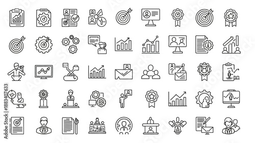 A collection of 40 unique line art icons depicting various business and office concepts
