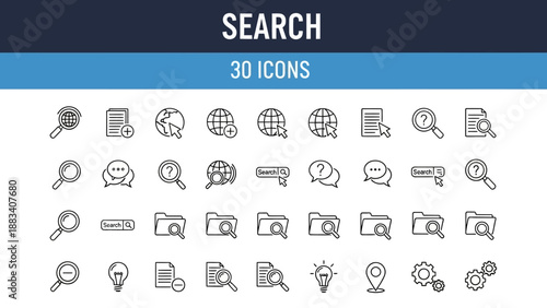 Collection of 30 search icons in various styles and designs