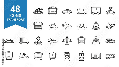 Transportation icons set for various modes of travel and vehicles