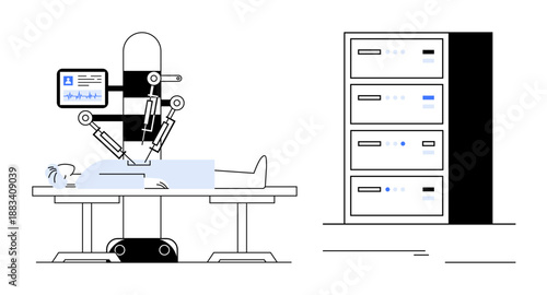 Medical robot operating on a patient while linked to data servers. Ideal for surgical technology, healthcare, innovation, artificial intelligence, future medicine, data integration, simple flat