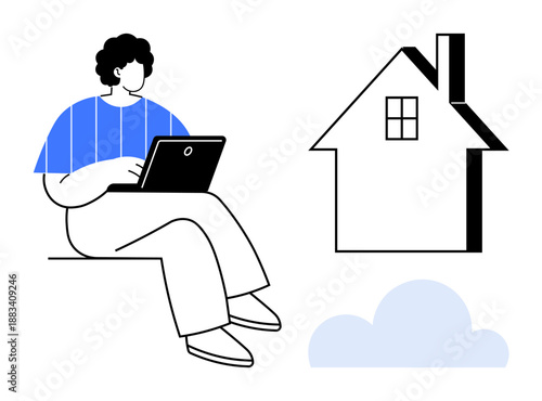Remote work, home office, online communication, freelancing, work-life balance, telecommuting. Person using a laptop with a house and cloud elements. Remote work and home office concept