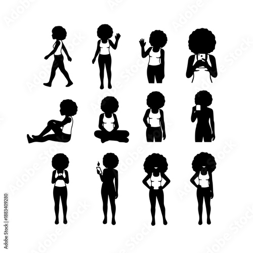 Black Woman Daily Life Poses Flat Vector Illustration