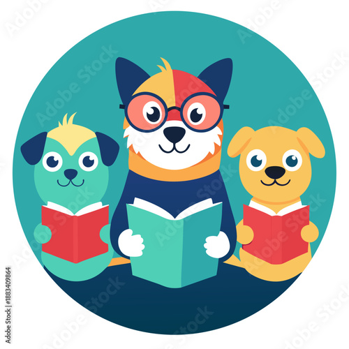 Educational illustration featuring group of three cute anthropomorphic dogs reading colorful books together inside turquoise circle