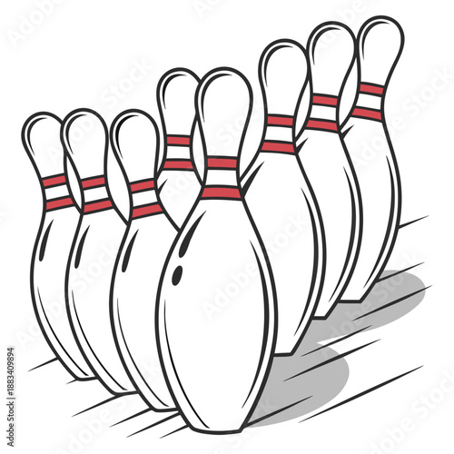 Classic ten pin bowling arrangement in perspective view with red stripes on white surface for sports and leisure activities theme