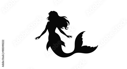 a striking black mermaid silhouette gracefully posed with flowing hair and tail