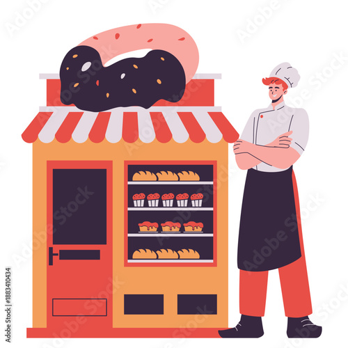 male pastry chef welcoming customers at new bakery illustration