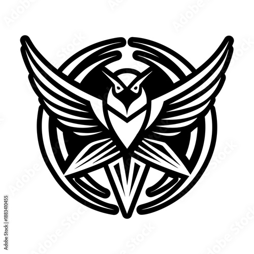 A filled style icon of a swallow logo