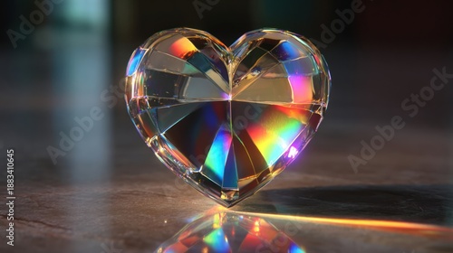 A crystal clear Valentine heart reflecting rainbow lights in a dim room, 8k, realistic, full ultra HD, high resolution, cinematic photography