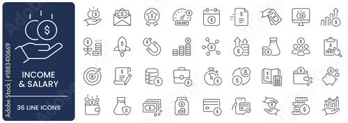 Income and Salary Management Line Icon Set. Collection of finance growth, money flow, investment, budget, payroll, wealth, revenue, wallet, payment, piggy bank, and bonus symbols, Editable Stroke.