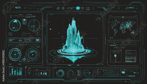 Futuristic Holographic Display of a Crystal City with Global Data and Control Panels