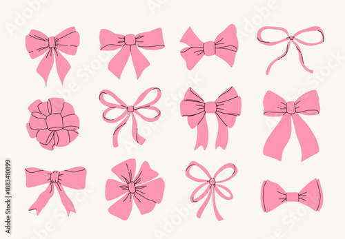 Trendy pink coquette bow illustrations with wavy ribbons and elegant curls. Perfect for romantic cards, bachelorette decor, and fashionable graphic design
