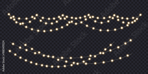 Gold Christmas garland on transparent background, new year light effect elements for banner, poster, flyer and xmas card. Horizontal yellow wires shining, led strips png, vector illustration.