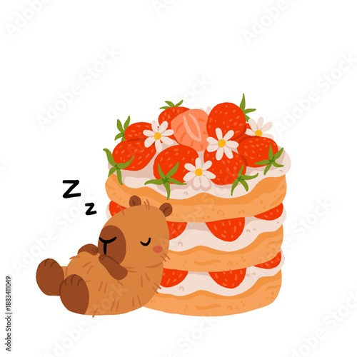 Cute capybara with cakes and desserts vector set, kawaii sleeping capybara characters with strawberry cake, bakery sweets. Cozy food illustrations for birthday, cafe and stickers