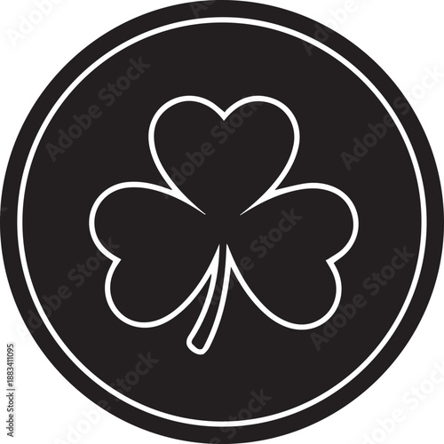 Black circle with a white outline of a shamrock inside